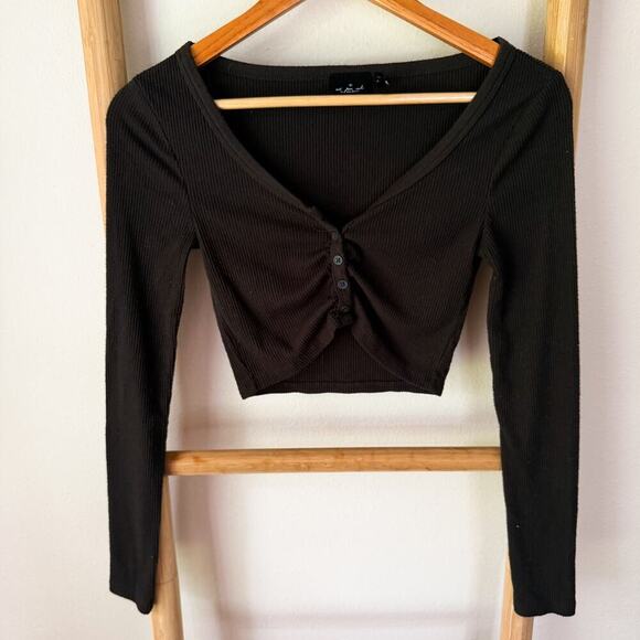 Urban Outfitters Sweaters - Out From Under Black Ribbed Cropped Henley Top Long Sleeve Size Small